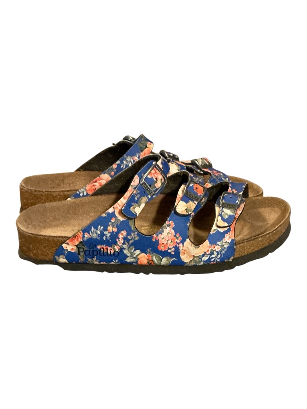 Floral Triple-Buckle Slide Sandals - Blue with Peach Roses - Picture 3 of 5